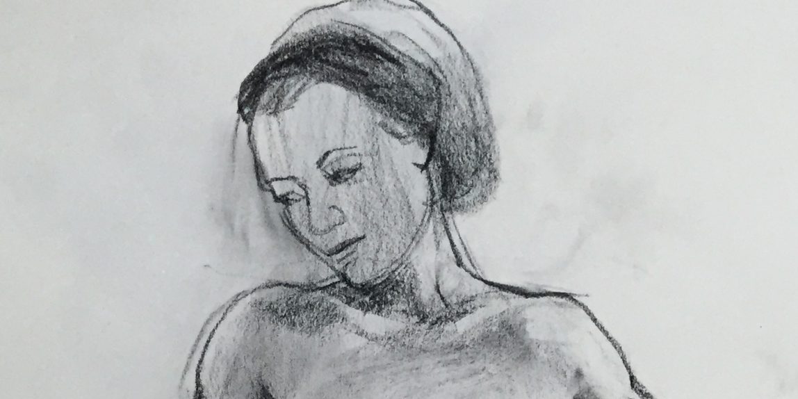 charcoal drawing of a woman wearing a head wrap