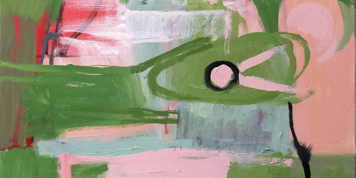 abstract painting with greens, pink, and red, and strong black lines