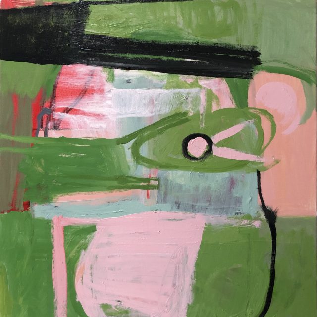 abstract painting with greens, pink, and red, and strong black lines
