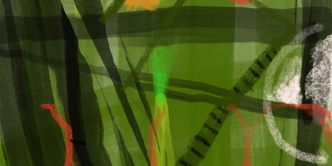 Abstract painting with shades of green, strong black paint strokes, and accents of red and hot pink