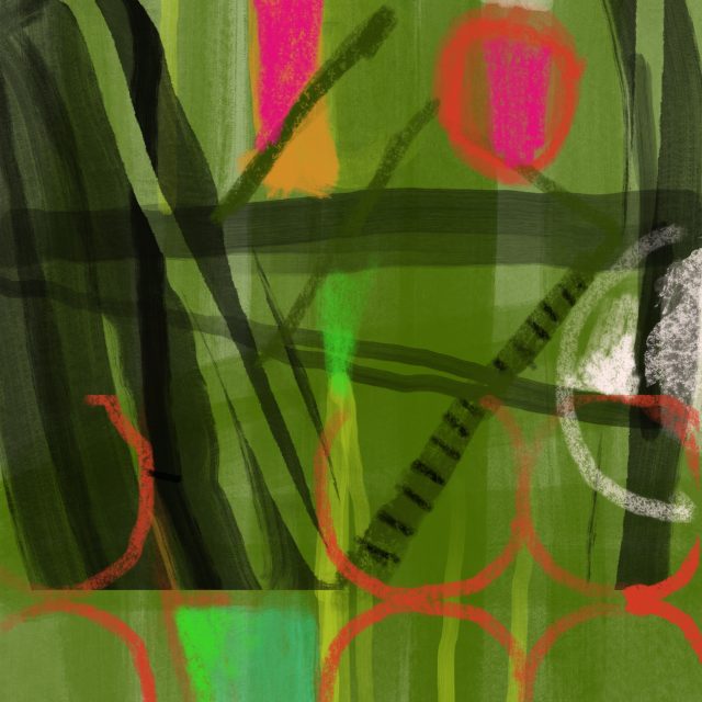 Abstract painting with shades of green, strong black paint strokes, and accents of red and hot pink