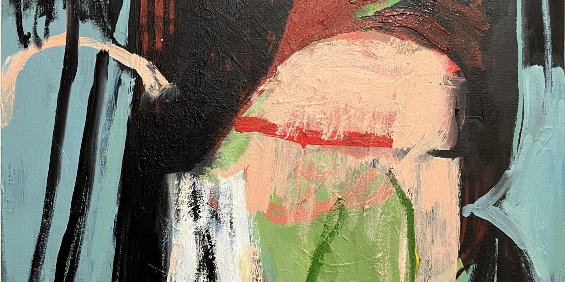red and green shapes on a, aqua blue and black background, with black strokes and green egg-like shape