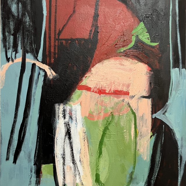 red and green shapes on a, aqua blue and black background, with black strokes and green egg-like shape