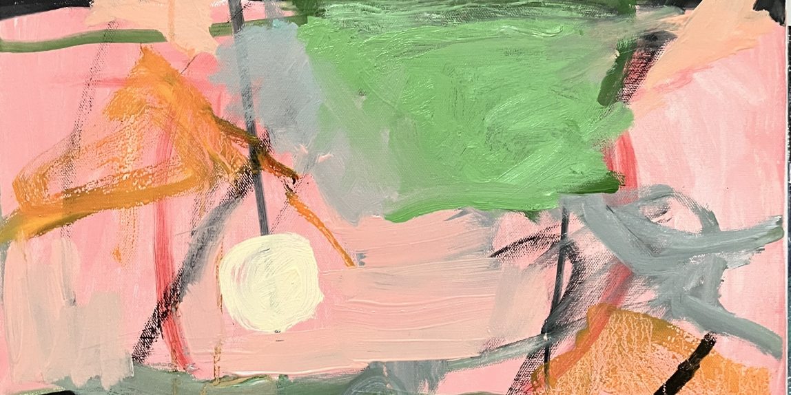 small pale yellow sun on background of green, pink, and black, with black and orange strokes and a subtle black orb at top