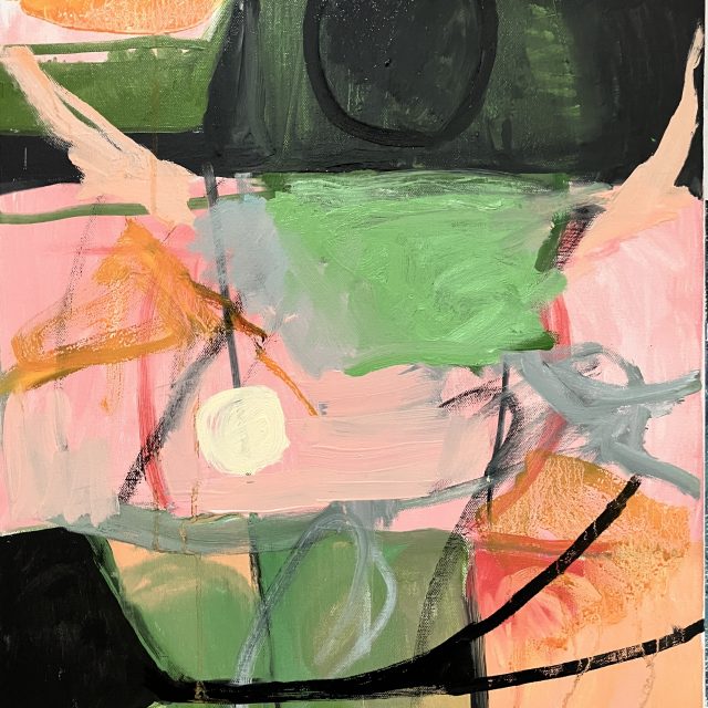 small pale yellow sun on background of green, pink, and black, with black and orange strokes and a subtle black orb at top