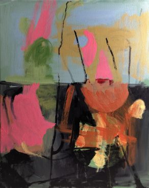 abstract painting with suggested shape of a cross and a conical hat