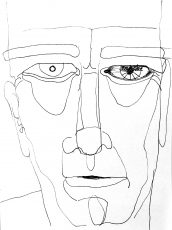 Ink on paper older male face with intense left eye