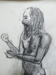 Charcoal on paper, 18"x24" Male figure with a beard standing holding his hands in front of him