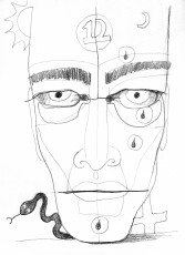 Graphite, 2020 face with a 12 on the forehead, droplets, a snake, a cross, and a moon and sun
