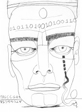 Graphite, 2020 face with binary code on the forehead, DNA code on the ground, and a snake dropping from the eye, its tail in bits