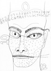 Graphite Drawing of a face with DNA letter pairs on the forehead and zeros and ones on the face