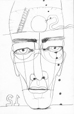 Graphite, 2020 face with a ladder and an orb and a snake on the forehead, droplets falling from one eye, and a backwards 12 on the ground