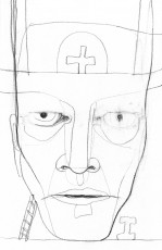 Graphite, 2021 Drawing of a face with the eyes partly erased, with a cross on the forehead and a small ladder leaning against the cheek