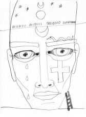 Graphite, 2021. A.P.E. Gallery Flat File exhibition catalog, Northampton MA. pencil drawing of a face with full and crescent moons and stars on the forehead and binary code that spells out word, a snake over the left eyebrow, a cross under the left eye, tears coming from the left eye, and a ladder leaning on the face