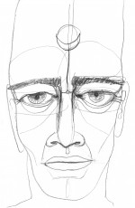 Graphite, 2021 drawing of a face with strong eyebrows and a crescent moon on the forehead