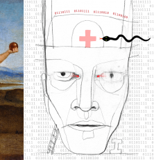 Graphite drawing with “Three Graces” by Raphael, 2021 (citation below) animated drawing of a face with a medical cross on the forehead, binary number sequences, and a snake wiggling toward apples being held out by three woman