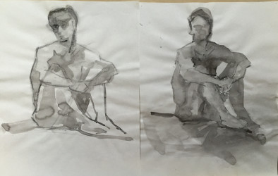 Ink wash on paper, 18"x24" two ink-wash drawings of a seated man