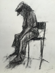 Charcoal on paper, 18"x24" charcoal drawing of a seated woman wearing a cap