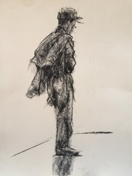 Charcoal on paper, 18"x24" charcoal drawing of a standing man wearing a cap