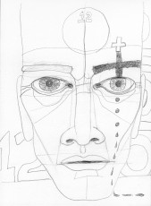 Graphite, 2022 drawing of a face with a cross on one eyebrow and a medical cross above it, a 12 in a circle on the forehead, and tears coming from one eye