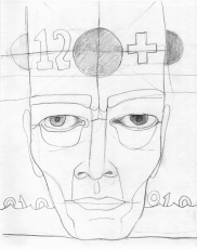 Graphite drawing with artwork by William Blake, 2022 (citations below) drawing of a face with a 12 and a medical cross on the forehead and, below, the sea with numbers floating in it