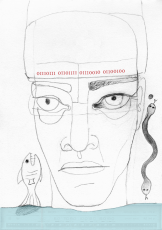 Graphite drawing with artwork by Louis Hersent (citation below), 2022 drawing of a face with a snake, a wiggling, a fish, a period lithograph of Orpheus and Eurydice in the forehead, and a radio submerged in water