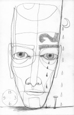 Graphite, 2022 drawing of a face with a 12 on the forehead, a moon dripping, a clock on, and a nail sticking up from the ground
