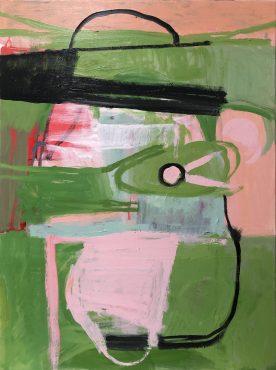 abstract painting with greens, pink, and red, and strong black lines