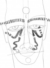 Graphite, 2017 drawing of a face with striped eyebrows and stylized snakes drawn under the eyes