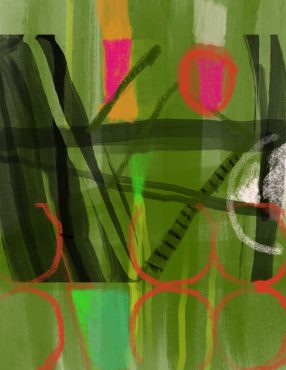 Abstract painting with shades of green, strong black paint strokes, and accents of red and hot pink