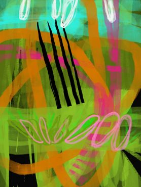 abstract painting with highly saturated colors, mainly green, orange, turquoise, pink, and black