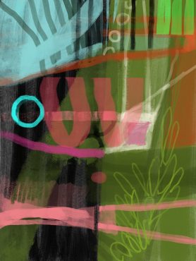 abstract painting with shades of green, leaf shapes, red and pink lines, and a blue area suggesting a sky with a moon