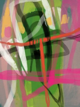 abstract painting with pink, red, black, and greens and a red shape suggestive of a uterus