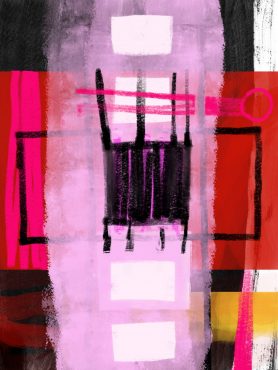 abstract painting with intense reds and pinks intersected by black lines and white blocks suggesting a spine