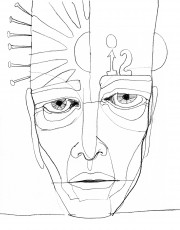Graphite, 2023 drawing of a face with half of a sun on the forehead, a number 12 on the other side of the forehead, and nails sticking out of one side of the head