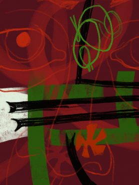 abstract painting with red face drawn on a dark red background with black and green lines
