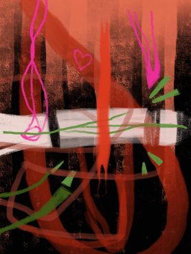 red shape with pink and green lines against a background of black and atmospheric reds