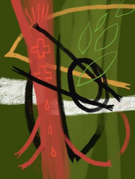 abstract painting with red passage with red drops and two crosses, leaf shapes, and thick lines with hand-like shapes at the ends