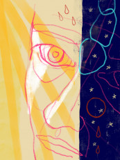 Digital drawing, 2024 colorful drawing of a face half in sunshine and half in night sky, with red drops