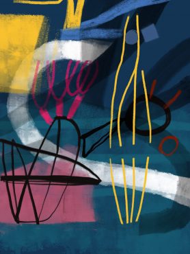 abstract painting with thin yellow lines, black lines, a thick white line, suggesting tangled wires and vibrant energy