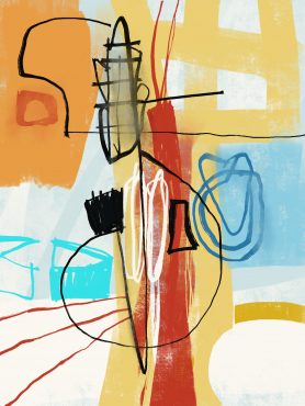 abstract painting with black lines against thick yellow paint strokes and areas of red, orange, and blue