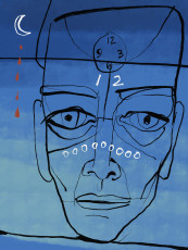 Digital drawing, 2024 drawing of a face against a night sky with zeroes painted in a line across the nose, a clock on the forehead, and a moon dripping blood
