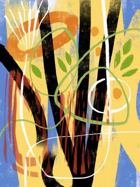 bold strokes of black, yellow, and blue with orange shapes, green leaves, and red patterns