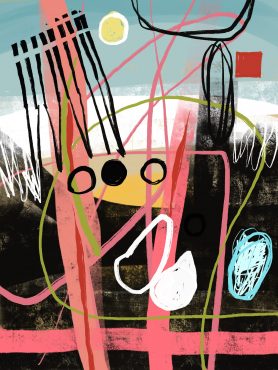 black, pink, and green lines on a background vaguely suggesting a shoreline, with a red square in the upper right