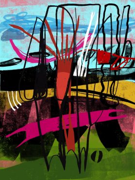 black, pink, and red lines on a background suggesting sand, grass, sky, and ocean