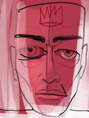 Digital, 2024 face drawn in strong black strokes and washed with red tones with a red crown on the forehead