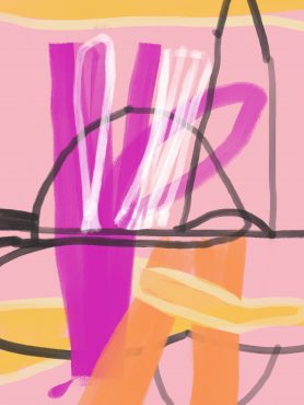 abstract painting with bright pink and yellow shapes with black strokes on a pale pink background