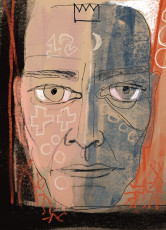 Graphite drawing with digital overlay, 2024 drawing of a face with half in bluish gray shadow, a crown drawn as a symbol on the forehead, and circles and crosses and a number 12 on the face
