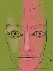 Digital drawing, 2024 drawing of a face on a green background with a swash of pink through the face, with a number 12 on the forehead and a clock in the lower corner