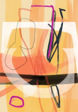 Abstract painting with white, yellow, orange, pink, and black strokes on a pale yellow background.